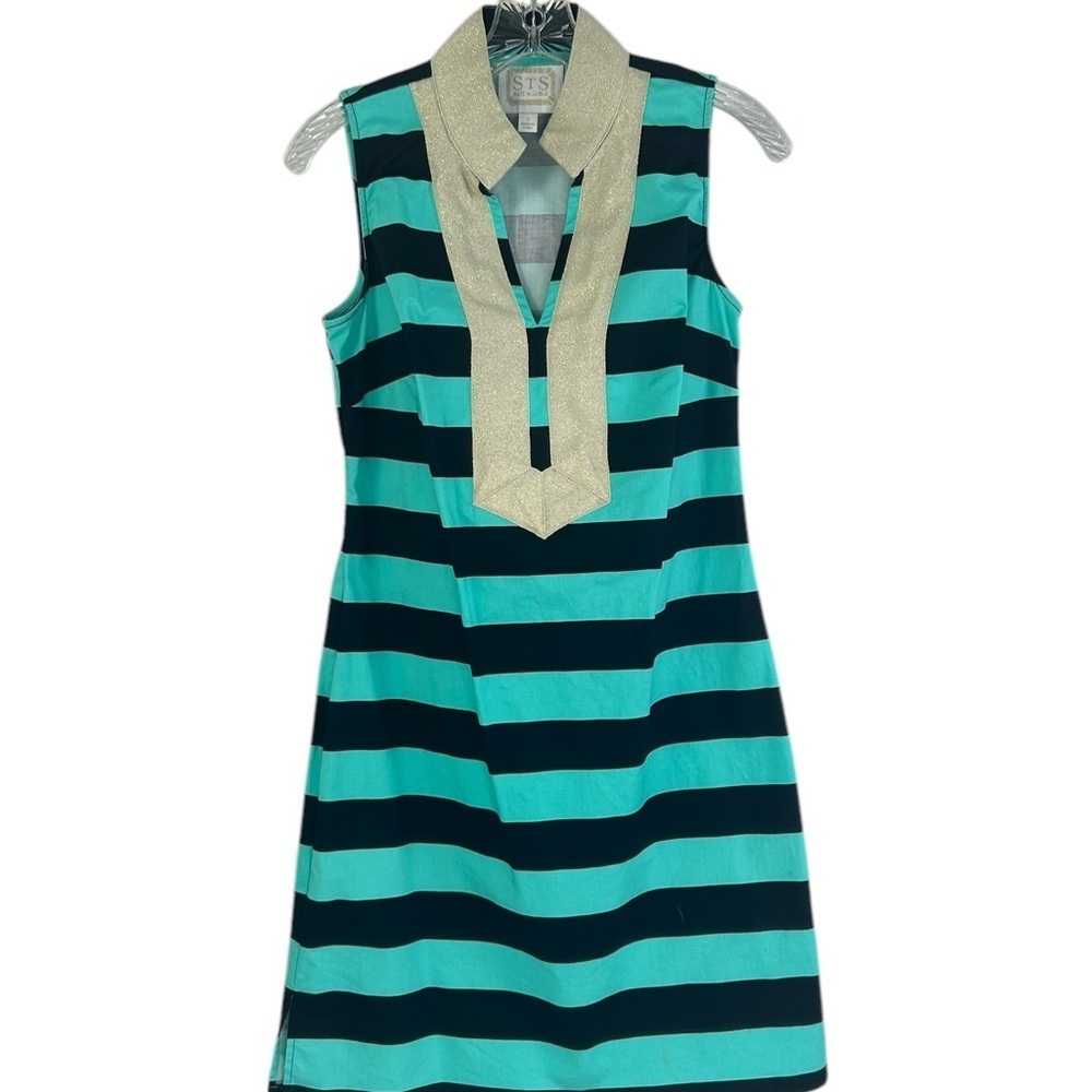STS Sail to Sable Blue Teal Striped Sleeveless Shift Dress Women SZ SMALL Preppy